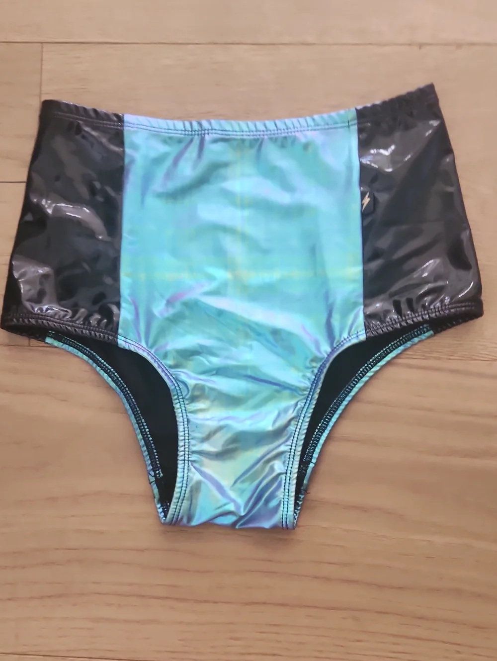 High-Waist Iridescent Aqua and Black Swim Bottoms